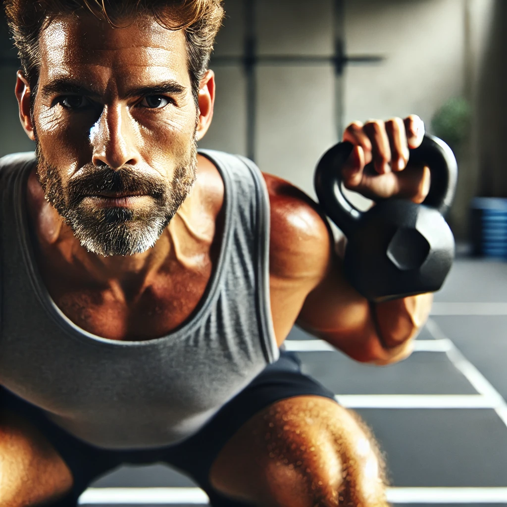 A muscular man over 40 performing kettlebell squats in a minimalist home gym, focusing intensely on his form. The clean setting and lighting highlight the effort and determination required for a Tabata workout, appealing to older men who value strength and efficiency.