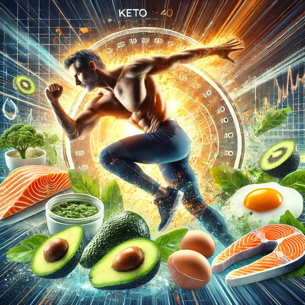 A visually captivating image of a fit man over 40 in an action pose, surrounded by healthy keto foods like avocados, salmon, eggs, and leafy greens, symbolising the ketogenic lifestyle. The background integrates workout gear and meal preparation, motivating men over 40 to take on the keto challenge.