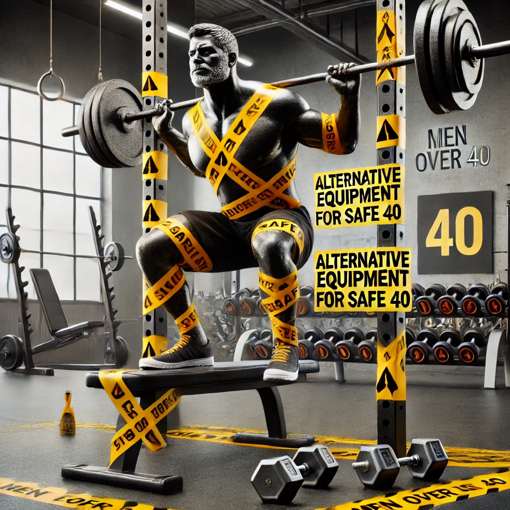 A creative visual of a gym with traditional equipment like the bench press and squat rack covered in warning tape, while dumbbells and resistance bands are highlighted as safer alternatives for injury prevention, appealing to men over 40.