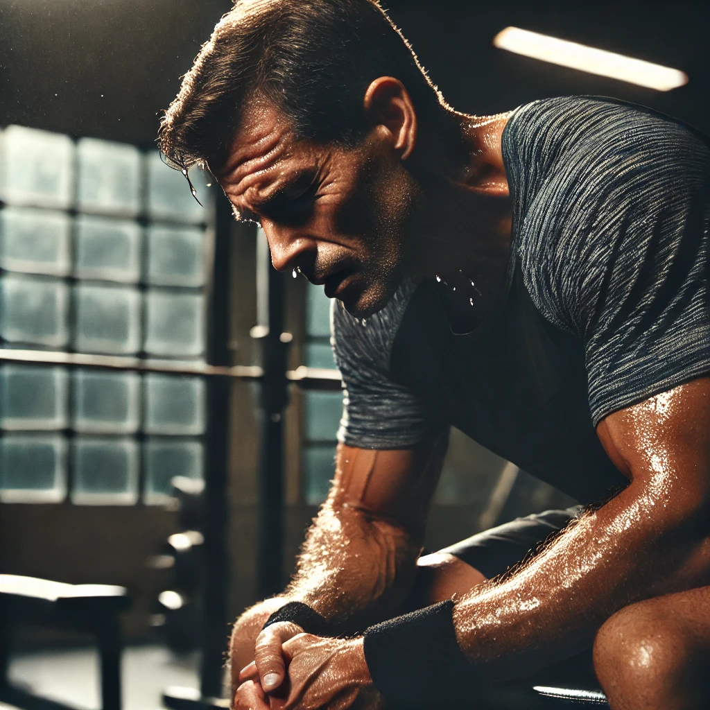 “Middle-aged man sitting on a bench in a gym, pushing through exhaustion during a workout. His head is lowered, hands gripping his knees, with sweat dripping, showing determination to continue. The dim lighting highlights the mental toughness and resilience required for rest-pause training.”