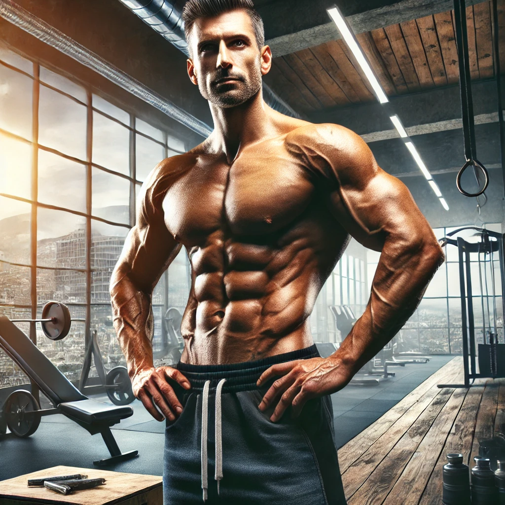 A fit and determined man in his 40s stands confidently in a gym environment, symbolising strength, focus, and motivation. The setting is visually appealing, reflecting a man over 40 working towards his fat loss goals.