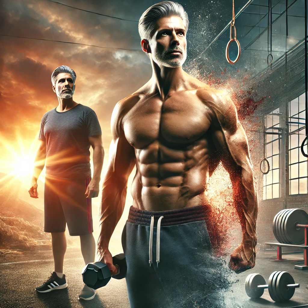 A determined middle-aged man with toned abs, standing confidently in a gym setting at sunrise, symbolising hard work, transformation, and perseverance. This image visually represents the theme of losing abdominal fat quickly and losing weight fast, tailored to inspire men over 40 on their fitness journey.