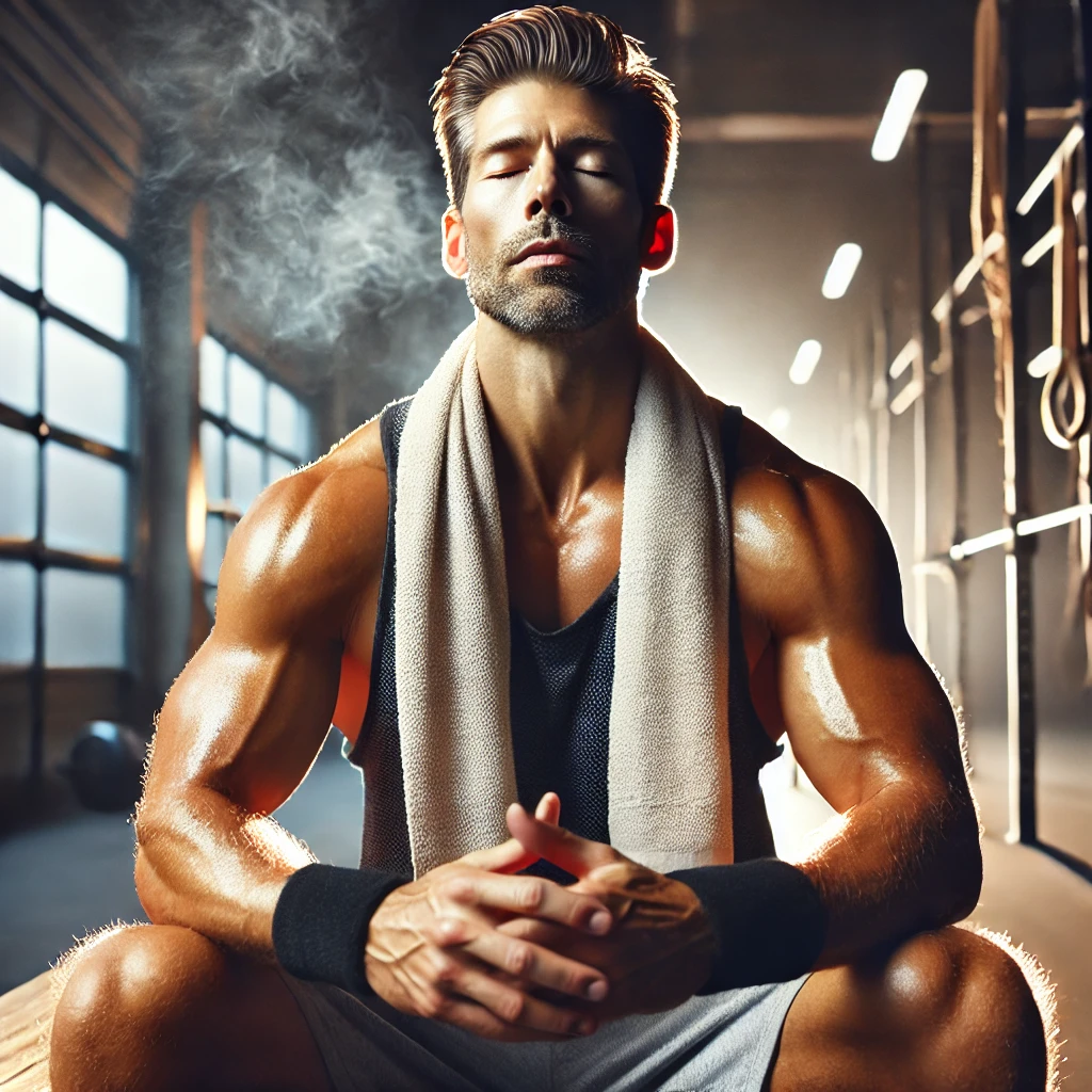 “A man in his 40s seated on a bench post-workout, focusing on mindful breathing and recovery, with a towel around his neck and a calm expression. The soft gym background highlights relaxation and recovery after exercise, appealing to men over 40 looking for holistic fitness approaches.”