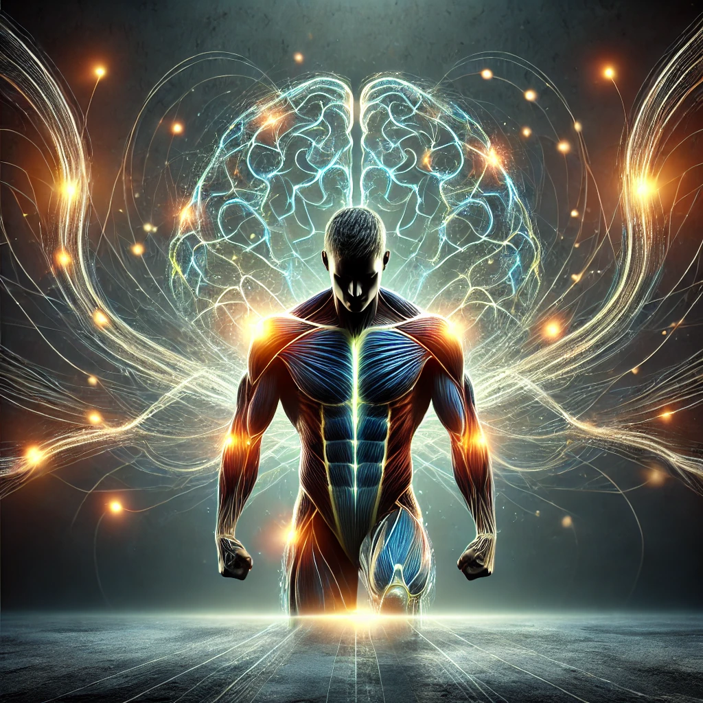 “A glowing representation of muscle fibres and neurons connecting between the brain and muscles, symbolising the science behind the mind to muscle connection. The image features glowing lines and dark tones, highlighting neural pathways for improved muscle activation.”
