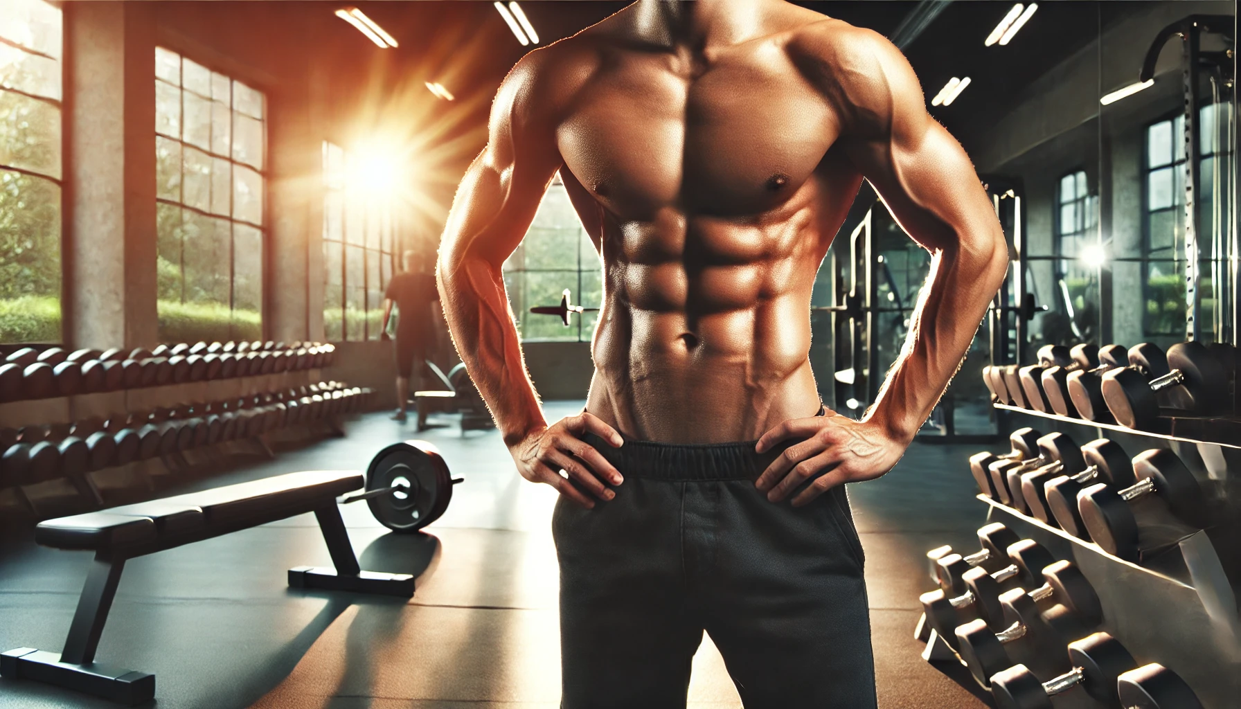 A fit, lean man showcasing how to get abs, with visible six-pack muscles in a gym setting. The lighting highlights his defined abs, symbolising the dedication required to achieve a six-pack. The scene represents important six-pack facts about strength, focus, and the hard work necessary for achieving this level of fitness