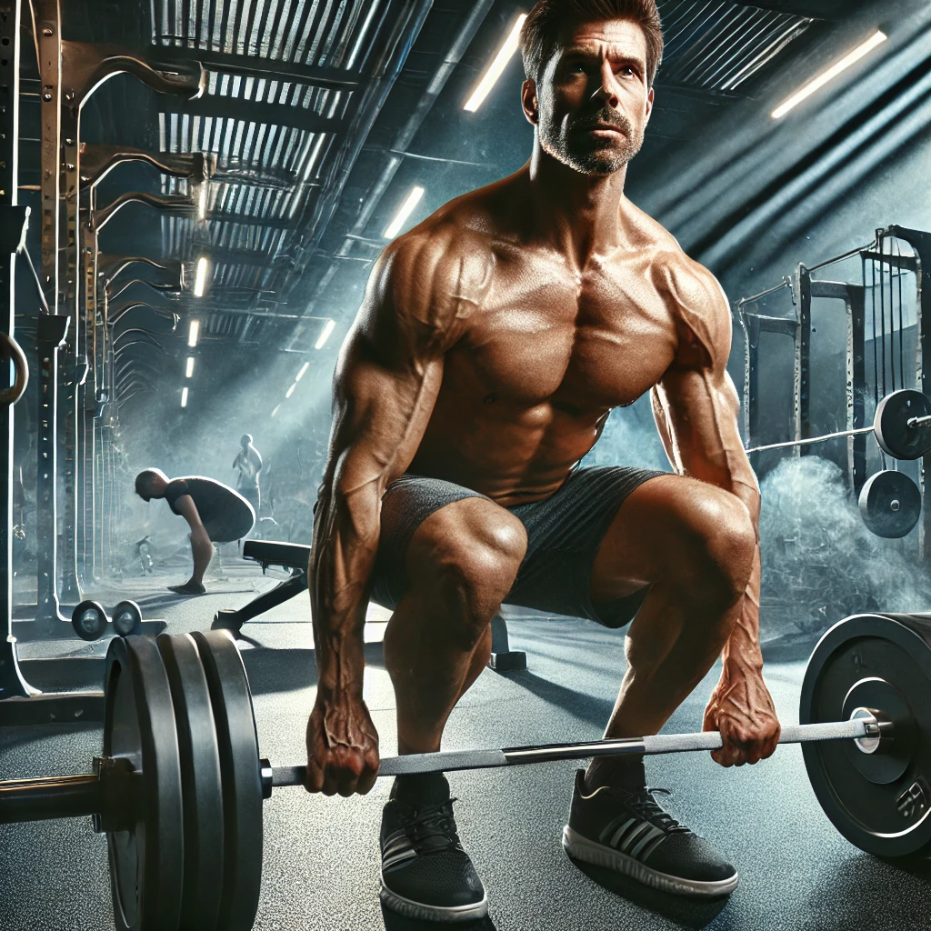 A man in his 40s performing a trap bar deadlift in a modern, well-equipped gym, emphasizing strength, control, and joint health. The focus is on maintaining longevity in fitness, appealing to men over 40 seeking safer alternatives to traditional deadlifts.
