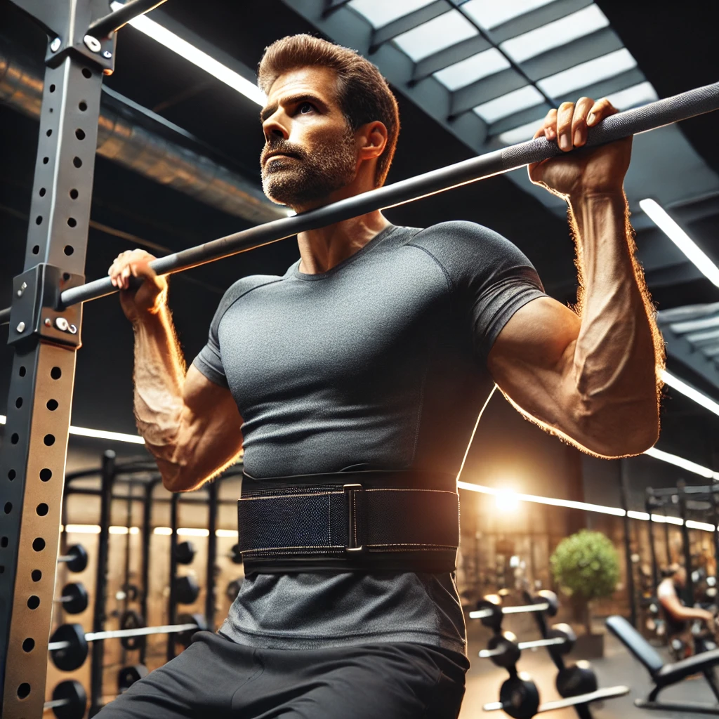 A man in his 40s performing a weighted pull-up in a modern gym, with a weight belt around his waist. He focuses on strength and control, targeting his back and arms, in a clean, motivating environment, appealing to men over 40 seeking safer alternatives to traditional deadlifts.
