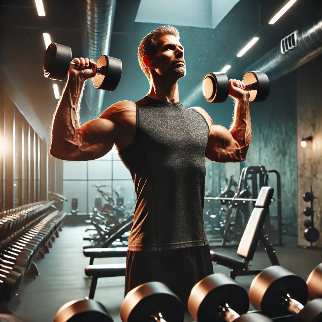 “Middle-aged man performing lateral raises with dumbbells during a rest-pause workout, standing with arms raised, showing effort and determination. The gym environment surrounds him, with dramatic lighting highlighting the intensity of the exercise.”
