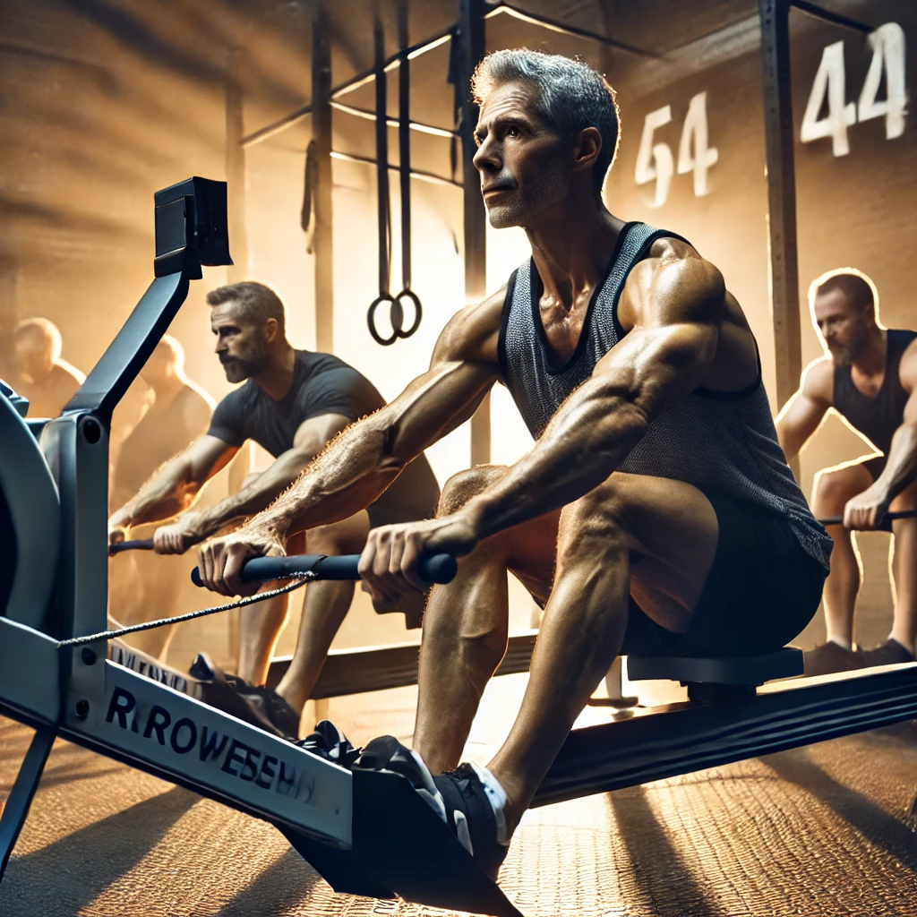 “Men over 40 performing hybrid fitness cross-training exercises, including strength and cardio, in an energetic gym environment.”