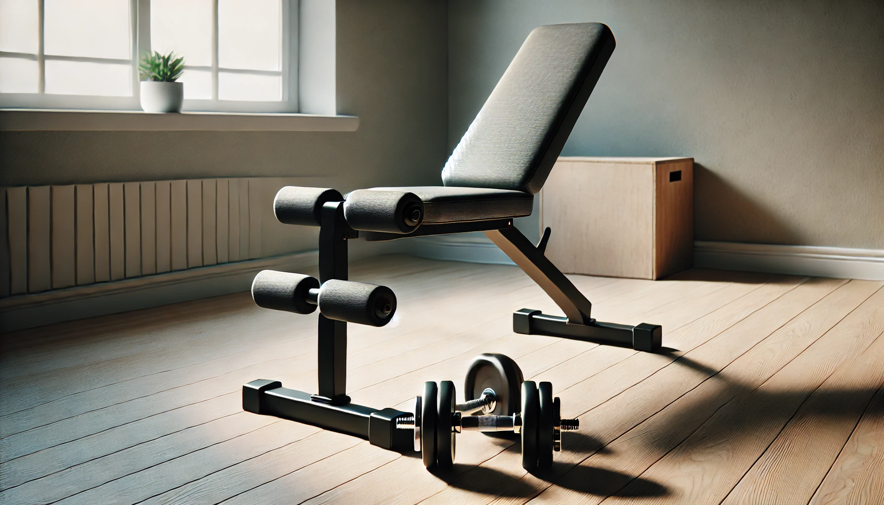 “Minimalist home gym setup with a pair of dumbbells and an adjustable bench, ideal for a full body dumbbell workout at home. The clean and well-lit environment highlights the simplicity and effectiveness of strength training at home for men over 40.”