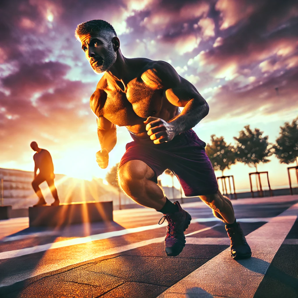 A fit man over 40 performing intense mountain climbers outdoors at sunrise, showcasing a vibrant sky with orange and purple hues. His muscular physique and determination highlight the intensity of a Tabata workout, appealing to men over 40 who seek motivation for efficient outdoor fitness routines.