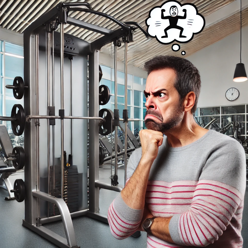 A humorous image of a man in his 40s glaring at a Smith machine in a gym, with exaggerated frustration lines above his head, showing his disdain for the equipment. The modern gym appeals to men over 40 who prefer safer exercise alternatives to the Smith machine.