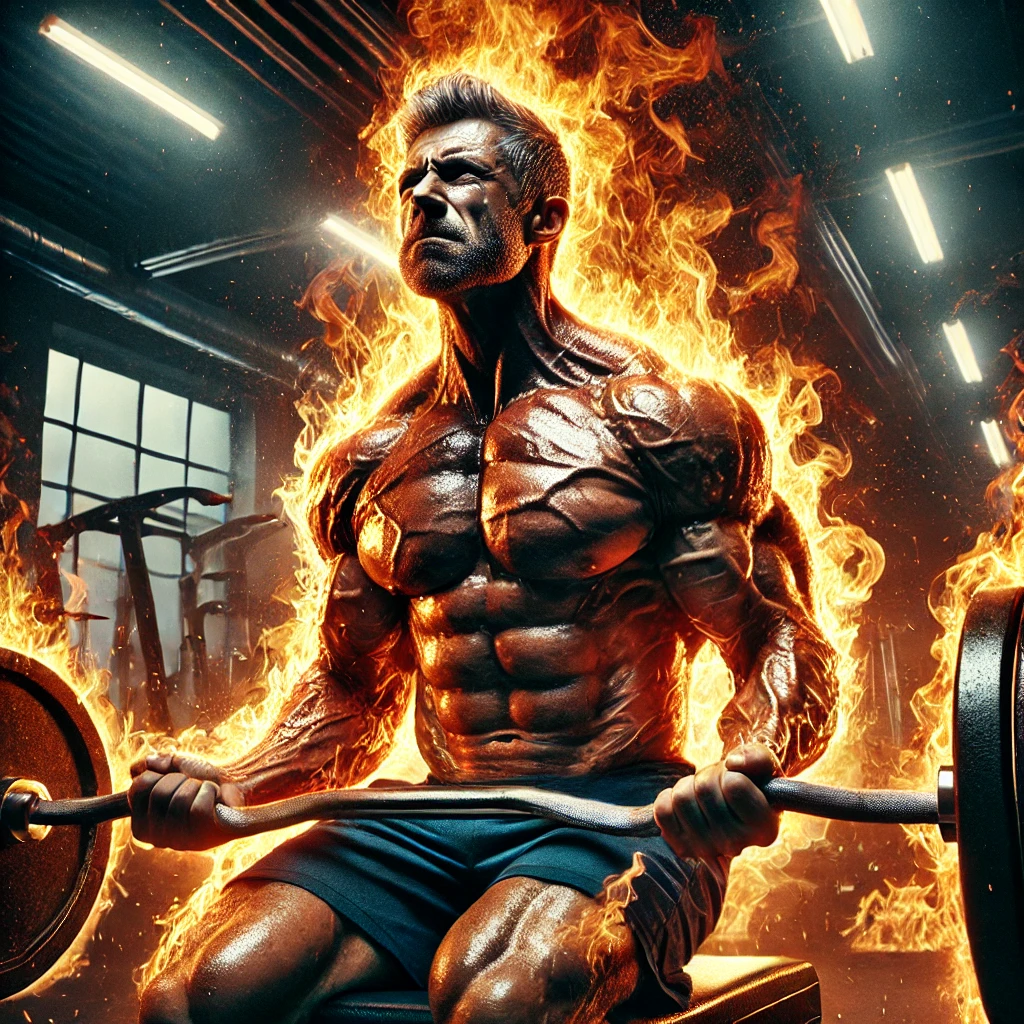 “Middle-aged man in his 40s working out in the gym, surrounded by metaphorical flames symbolising intense effort and determination. His muscles are tense as he lifts heavy weights, with dramatic lighting and a fiery effect emphasising the power of the workout.”