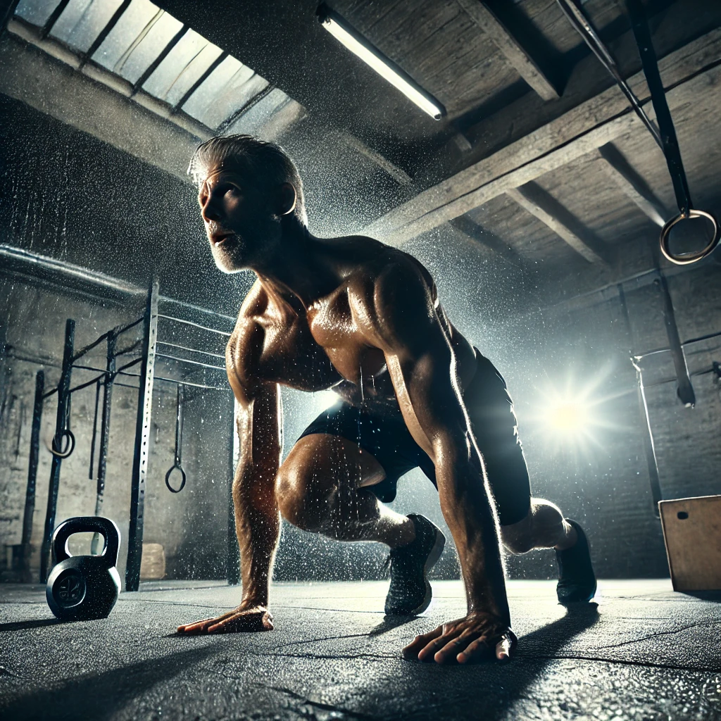 A fit man over 40 performing a burpee in a gritty gym environment, showcasing intense effort and sweat. The dim lighting and worn-out gym equipment emphasise the raw, time-efficient nature of the Tabata workout, appealing to older men seeking quick and effective fitness routines.