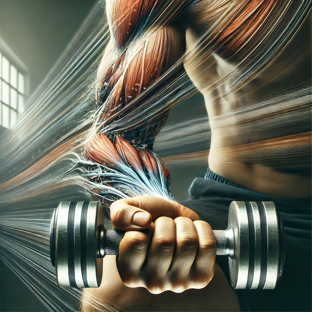 “A close-up of a hand gripping a dumbbell, with artistic motion trails behind the movement symbolising slow, controlled tempo training. The muscular forearm shows strength and control, while the blurred background suggests a minimalist gym environment.”
