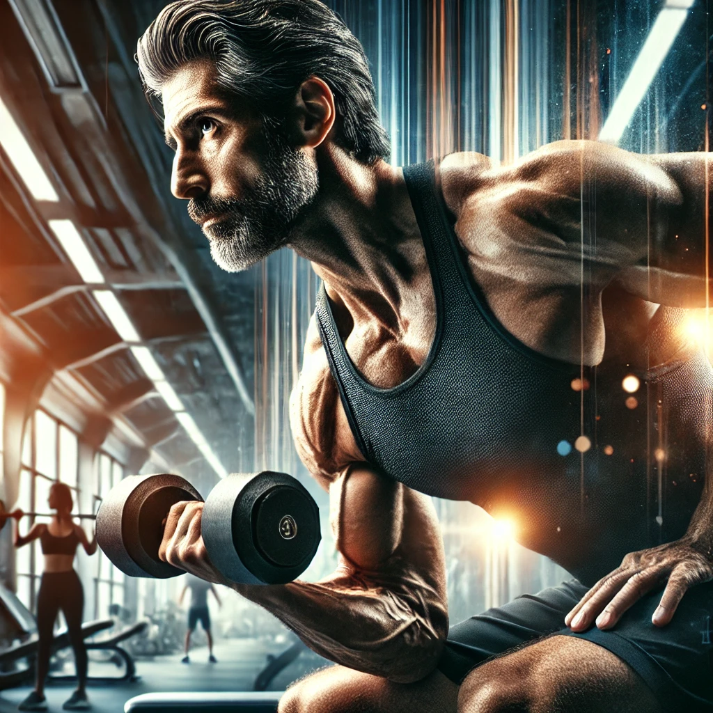 “A focused man in his 40s lifting a dumbbell slowly, with visible muscle engagement and concentration in a gym. The background is dynamic yet minimalist, emphasising the man’s deliberate and controlled movements, representing the mind to muscle connection.”