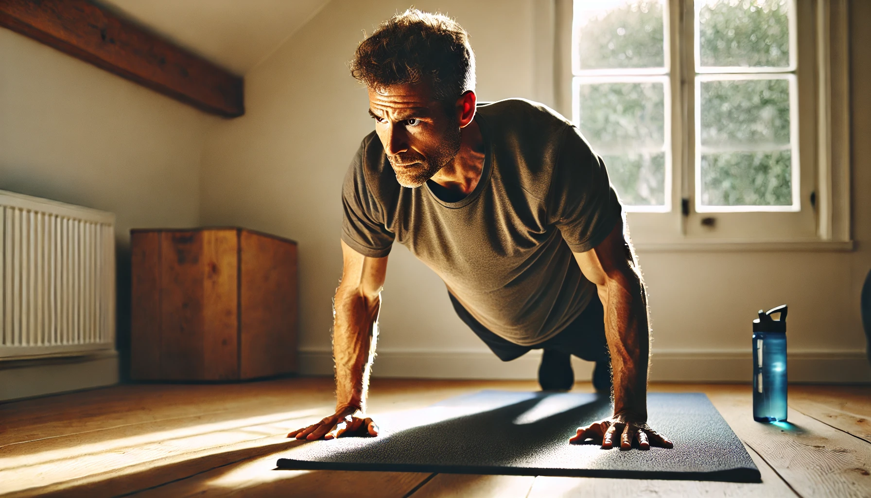 A fit, muscular man in his 40s performing a HIIT no-equipment workout, showcasing home cardio workouts with intense focus and determination.