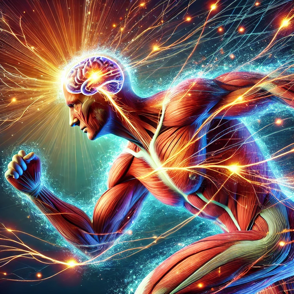 “An artistic, scientific-style image showing a human muscular system with neural pathways activated. Neural impulses travel between the brain and muscles, visually representing the concept of the mind to muscle connection and muscle activation.”
