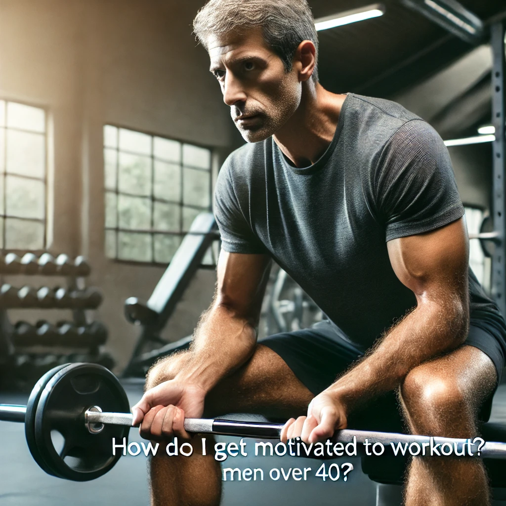 A middle-aged man working out solo in a gym, lifting weights with focus and determination. This scene represents the primary keyword ‘How do I get motivated to workout?’ for men over 40, embodying resilience and solo fitness