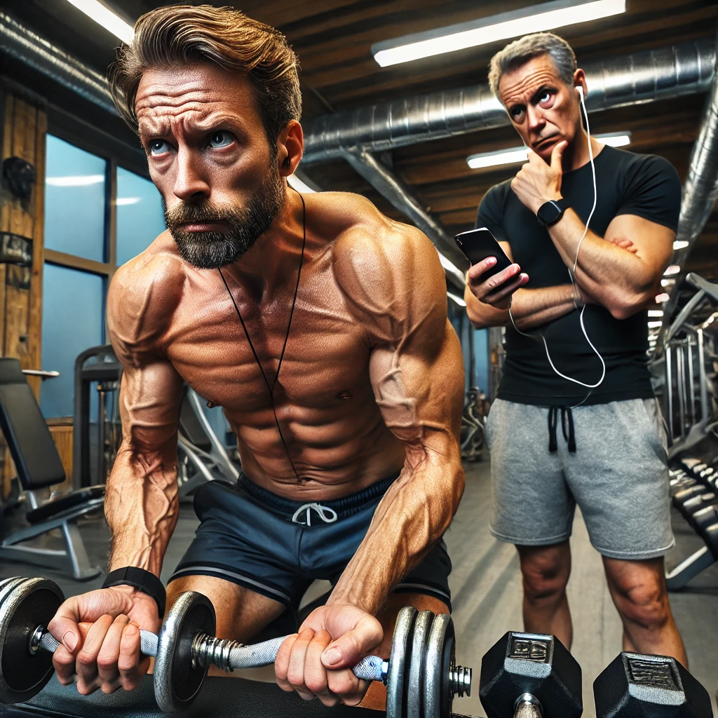 A frustrated man in his 40s performing an exercise incorrectly while a disinterested personal trainer looks at their phone, highlighting the question: are personal trainers a waste of money in poorly managed gym settings.