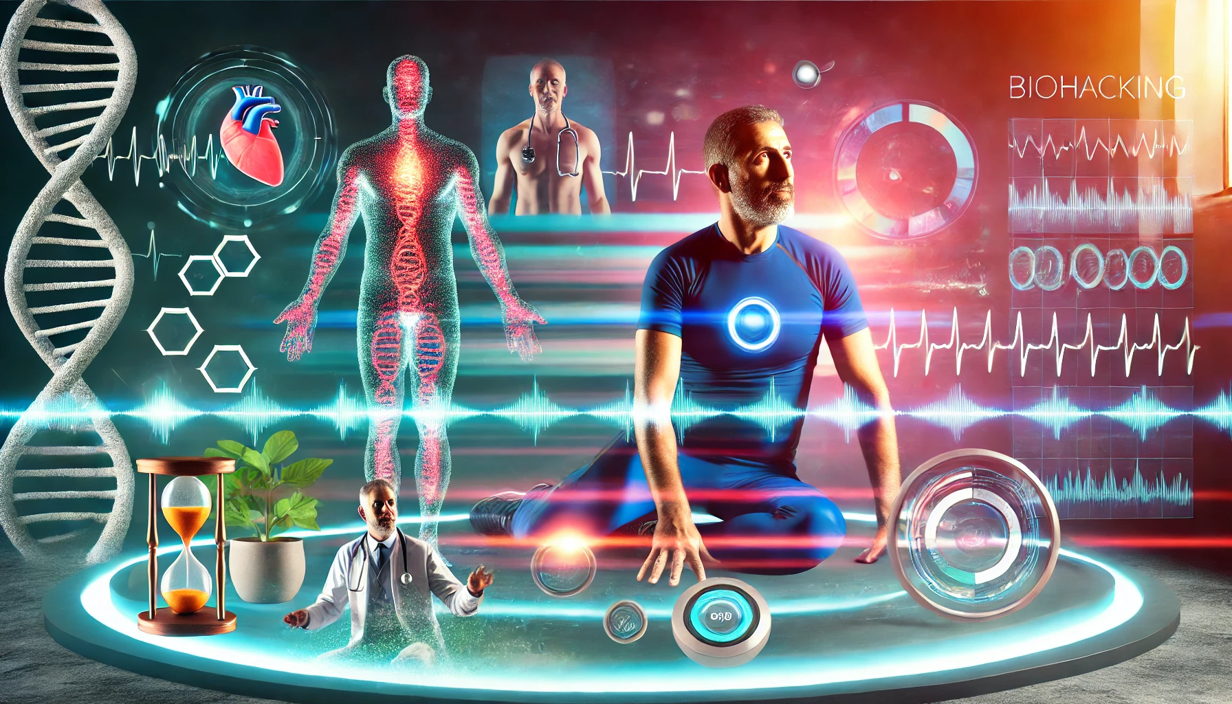 A futuristic scene featuring a man in his 40s engaged in biohacking activities, using advanced technology, brainwave sensors, and biometric wearables. Glowing DNA strands and data illustrate personalised health optimisation, reflecting the essence of how to biohack for men over 40, in a beginners guide to biohacking.”