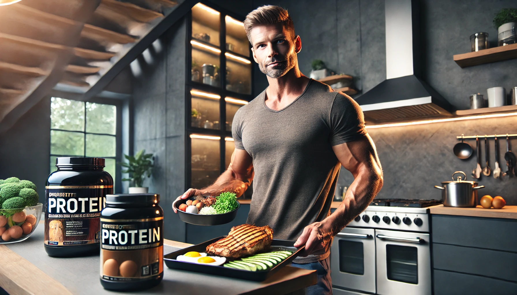 A fit man in his 40s preparing a high-protein meal in a modern kitchen, featuring grilled chicken, eggs, and protein powder. This image highlights the importance of hitting protein goals, showcasing the best protein hack for maintaining muscle mass and overall health in men over 40.”