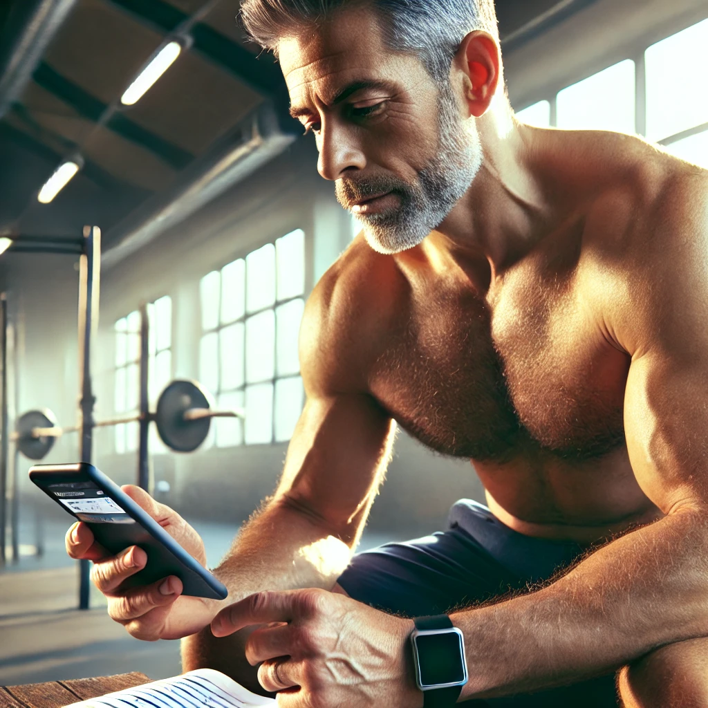 A strong middle-aged man reviews his fitness app or journal after a workout, reflecting on his progress and planning future goals. The image highlights the importance of tracking fitness progress for men over 40