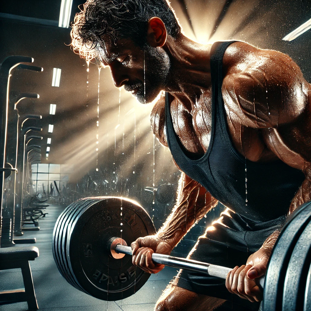 “Middle-aged man in a gym performing an intense rest-pause workout, lifting heavy weights with focus and determination, set in a powerful, dramatic gym environment with emphasis on hard work and strength.”