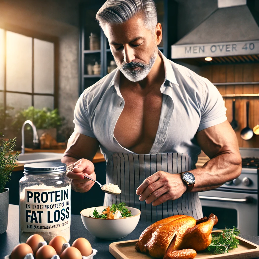 A middle-aged man in a modern kitchen preparing a high-protein meal of grilled chicken, symbolising the importance of protein in fat loss and muscle preservation for men over 40.