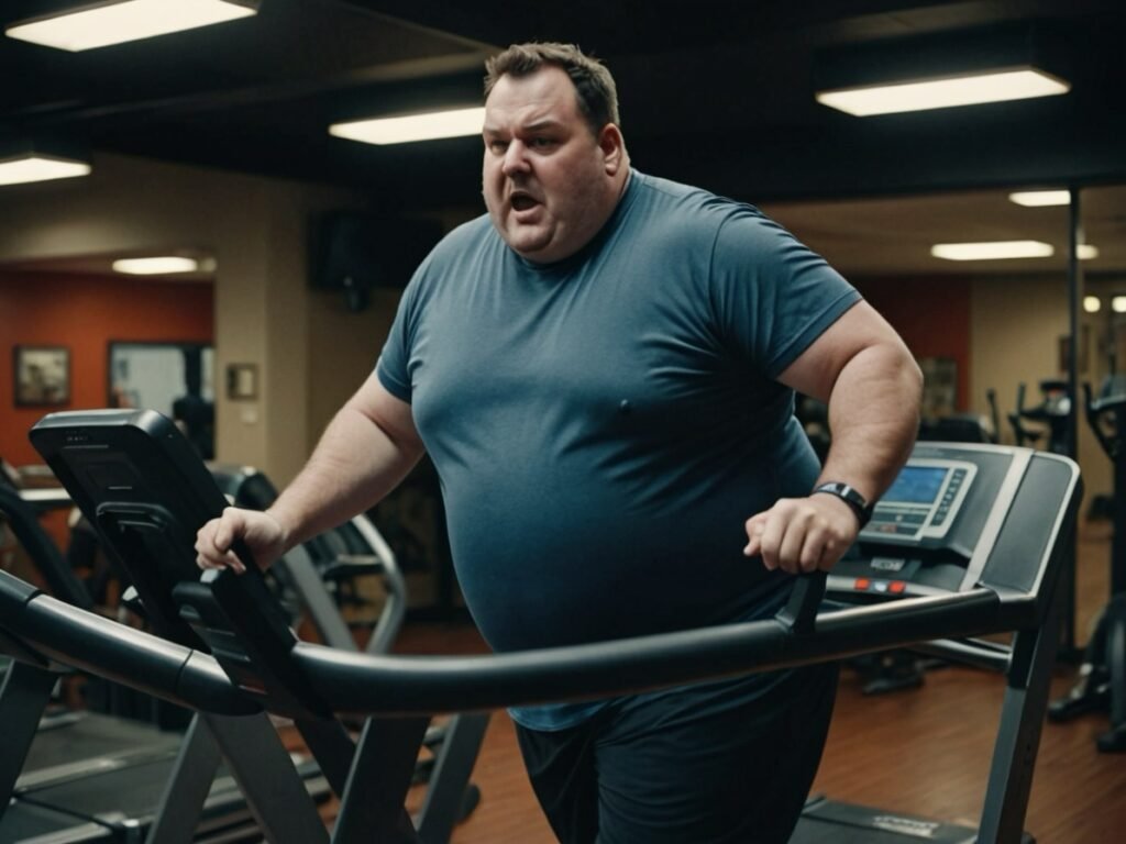 : A man over 40, dressed in workout gear, is walking on a treadmill in a gym, sweating and looking determined. The image represents the effort and struggle of exercising to lose weight, symbolising the challenge of relying on cardio for fat loss, particularly for men over 40.
