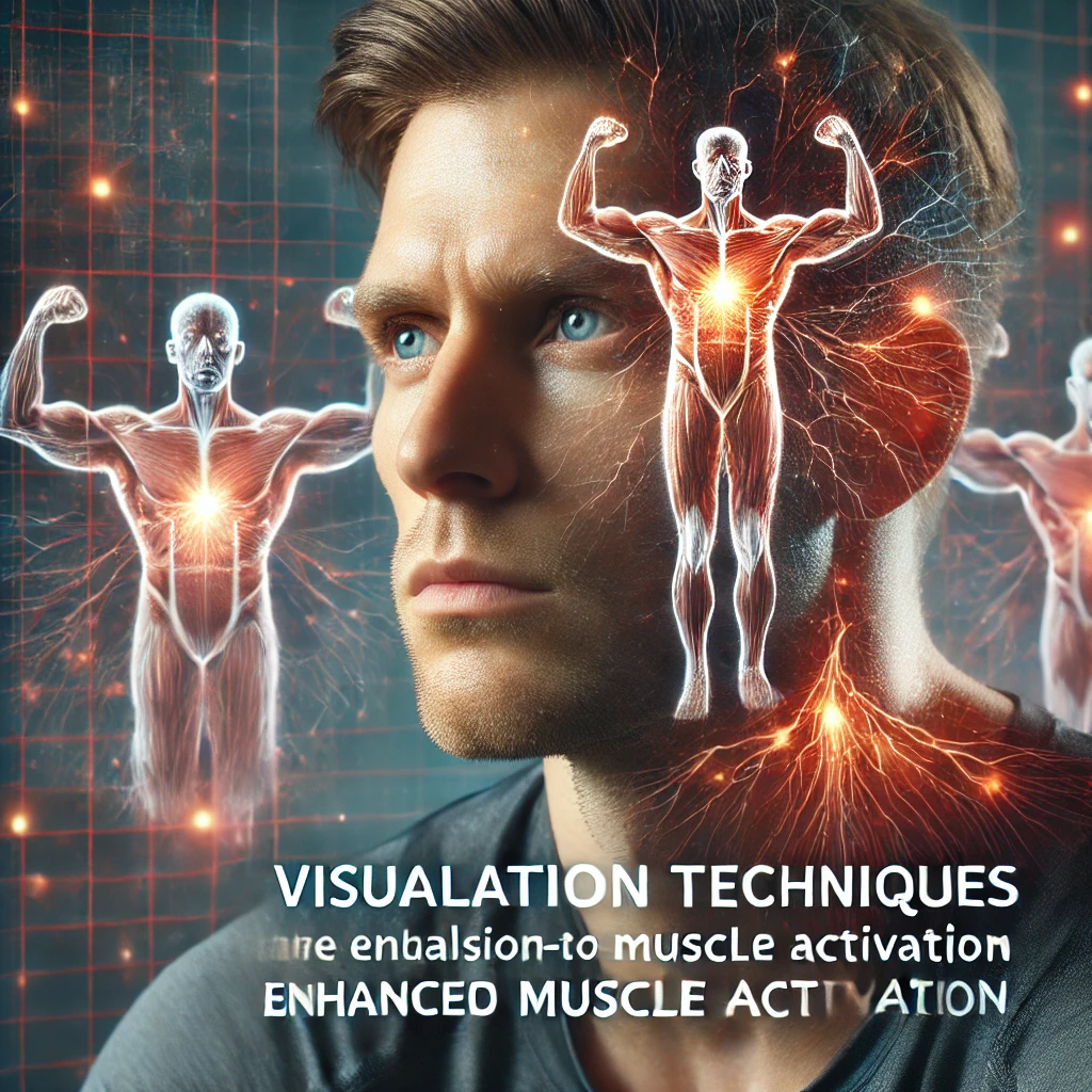 “A man in his 40s visualising muscle activation during a workout, with glowing, transparent overlays of muscle fibres showing contraction and expansion. The image symbolises mental focus and the mind-to-muscle connection, highlighting enhanced muscle activation.”