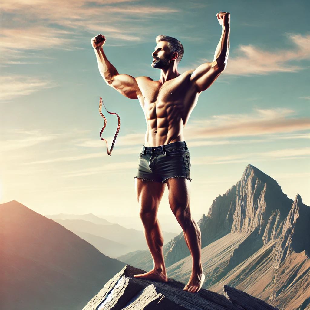 A reasonably lean and muscular man in his 40s stands on top of a mountain with his arms raised, celebrating success after reaching his fat loss goals. The image symbolises the achievement of fat loss for men over 40, visually inspiring with no text in the image.