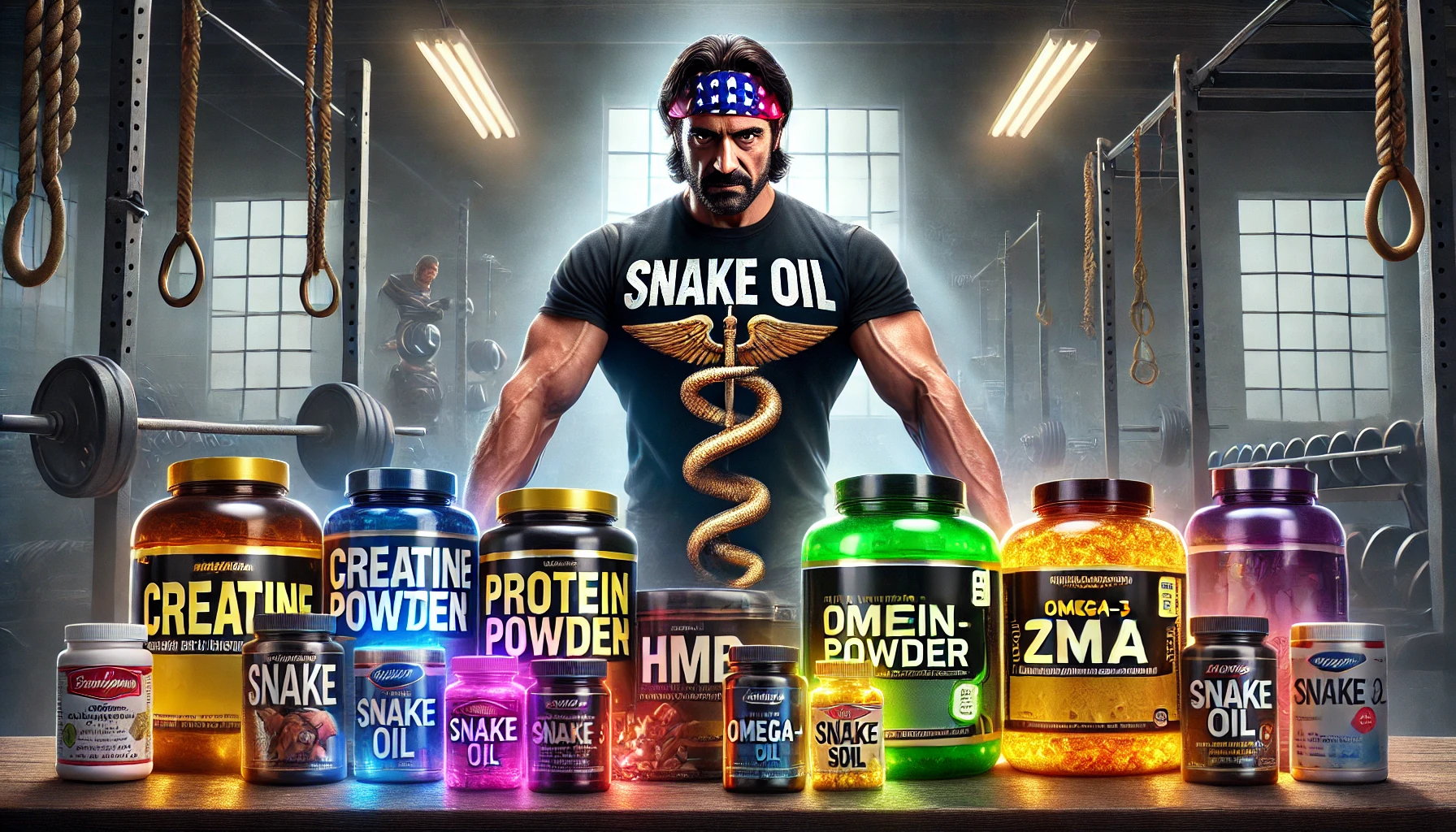 An epic gym scene featuring a glowing collection of muscle-building supplements like creatine, protein powder, HMB, ZMA, Omega-3, and BCAAs on a bench. Next to them stands a muscular man wearing a “Snake Oil” t-shirt, representing the contrast between effective supplements and overhyped, dubious products. The background shows gym equipment, enhancing the serious yet humorous tone.