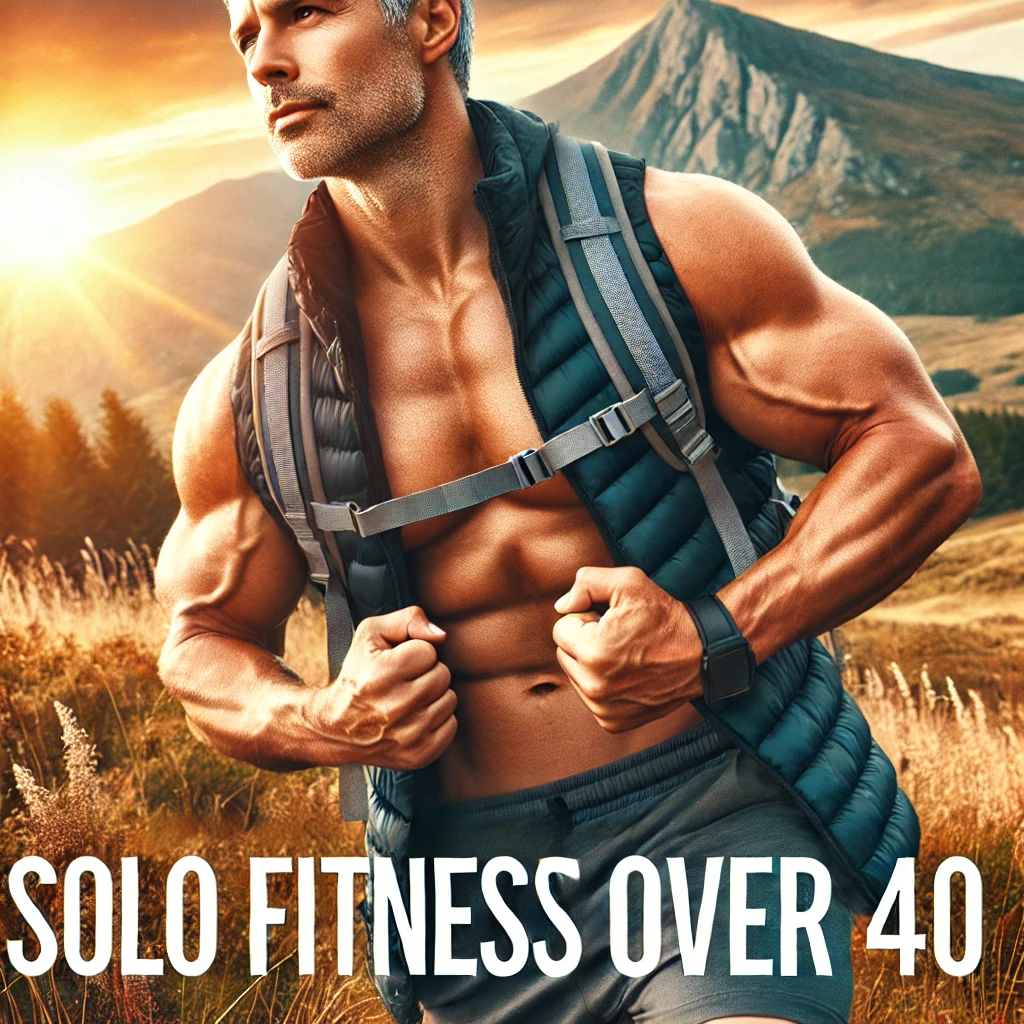 “A fit, strong middle-aged man stands confidently in an open field with mountains in the background, representing solo fitness for men over 40. The image highlights determination, strength, and freedom, set against a vibrant natural landscape.”