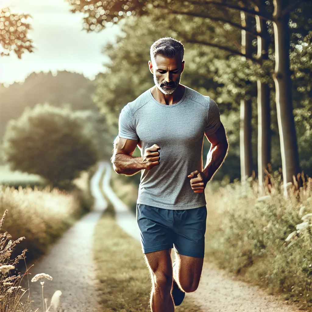 A middle-aged man running alone on a natural path, representing the mental health benefits of solo fitness for men over 40. The image captures a sense of focus, well-being, and clarity in a serene outdoor setting