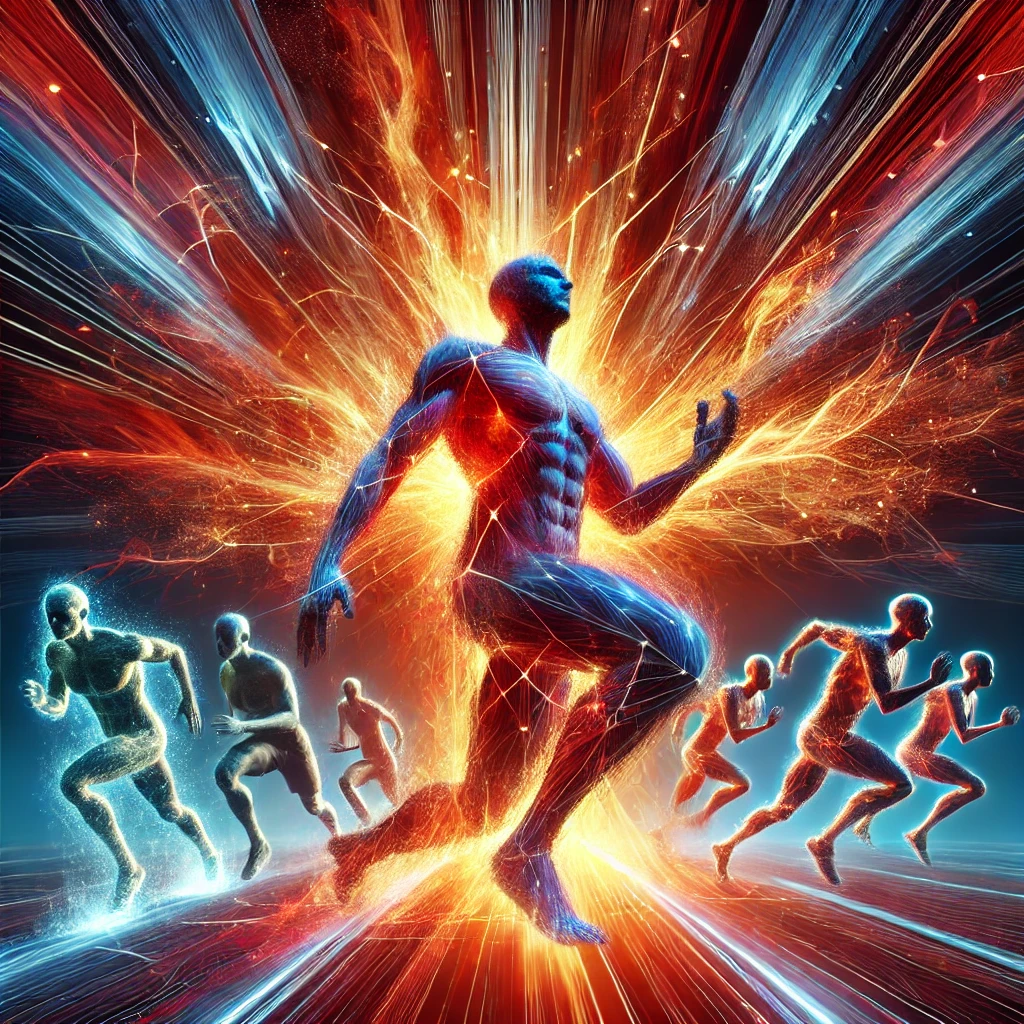 A vibrant, abstract image symbolising the metabolic response and energy flow during a high-intensity Tabata workout. The sharp lines and glowing streaks in red, orange, and blue represent the balance of effort and recovery, appealing to men over 40 pushing their physical limits.