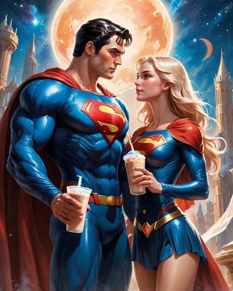 Superman and Supergirl holding a protein shake each. The image represents the importance of protein and hitting protein goals and the best protein hack