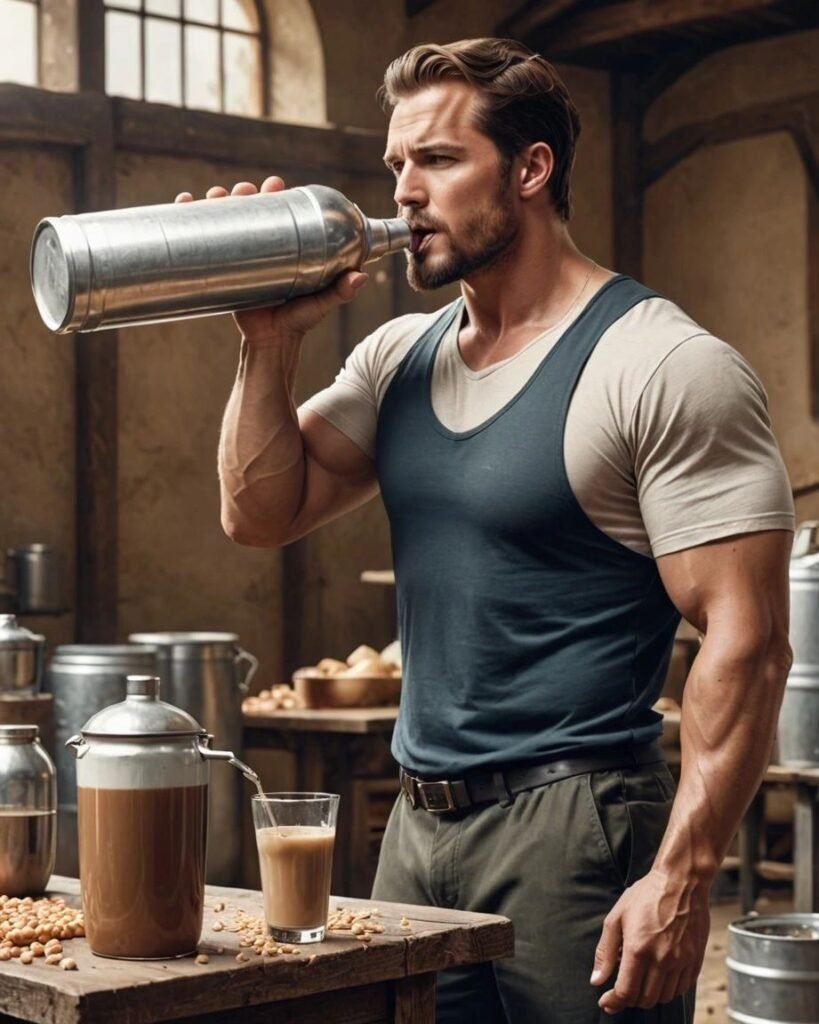 A muscular man chugging a protein shake- it's to represent an article covering the best protein hack