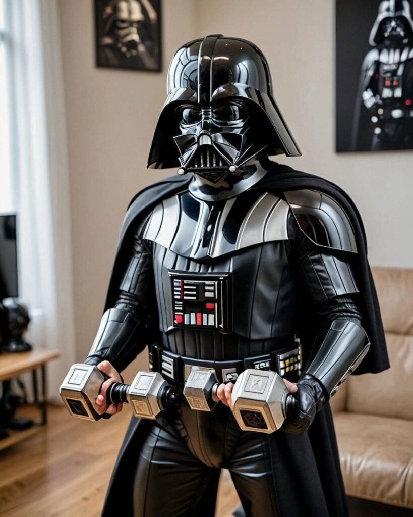 Darth vader holding dumbbells- to represent you can wear what you want performing a full body dumbbell workout at home