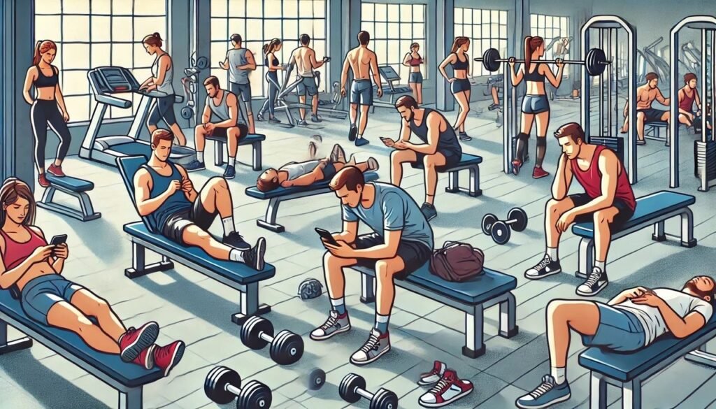 Modern day gyms. An image of people on their mobile phones when they should be working out. 