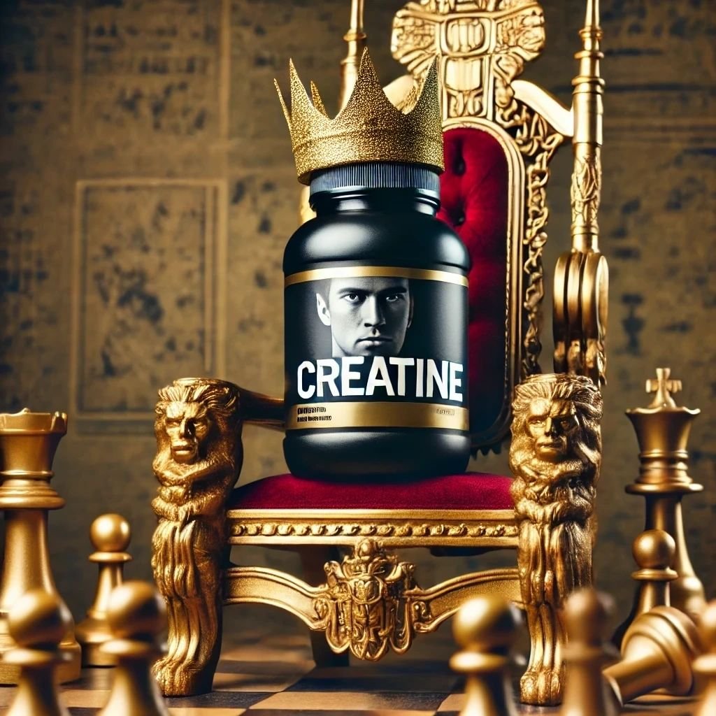 A tub of creatine sitting on a throne. It represents the answer to the question, Does Creatine work? 