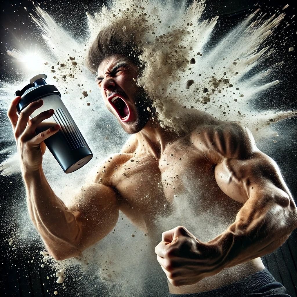 A muscular man exploding a protein shake over him. He's shaken it too hard. The article covers what supplements muscle growth. 