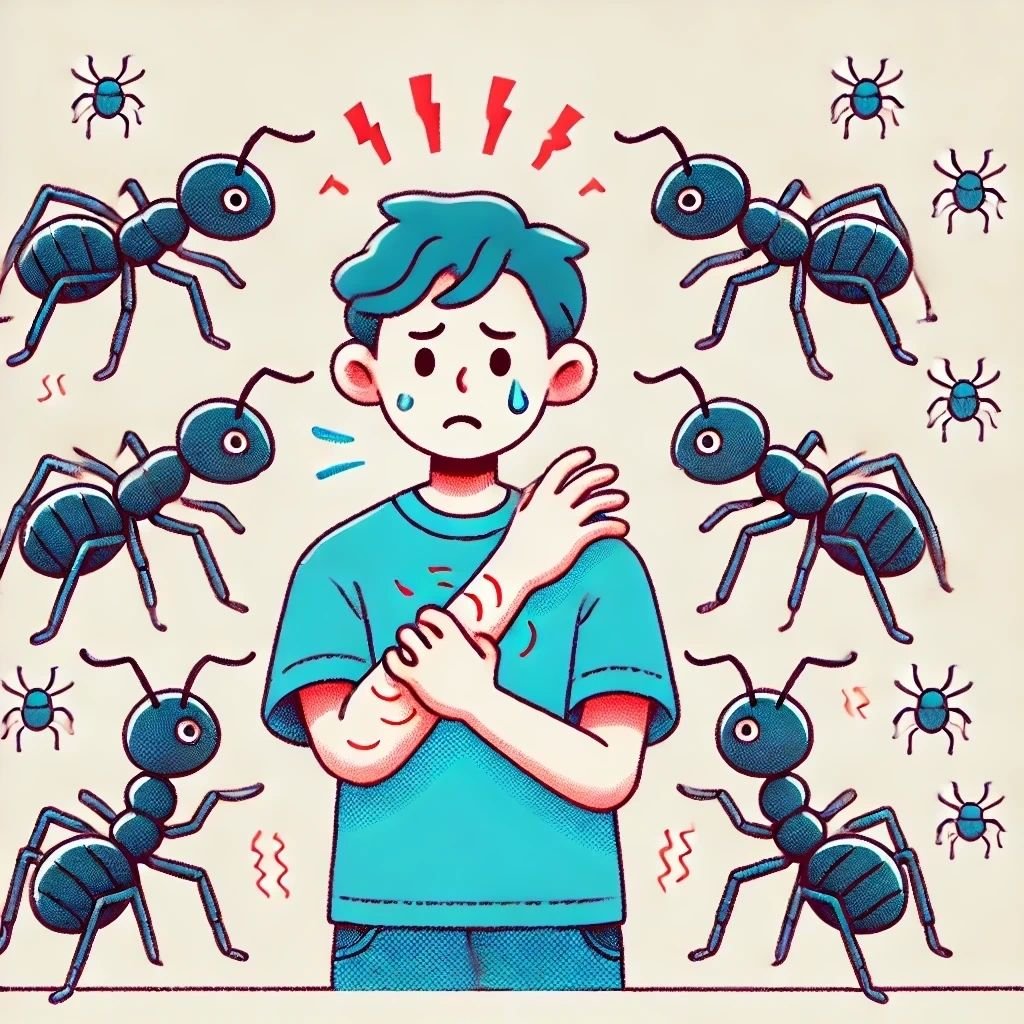 An image of a boy being made itchy by ants. The image is to represent the supplement Beta-alanine. The article covers what supplements muscle growth