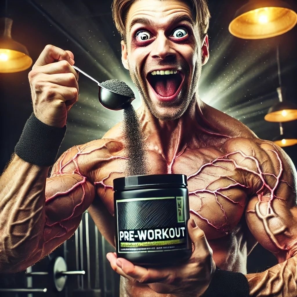 A muscular man getting a scoop of pre workout out of a tub. 