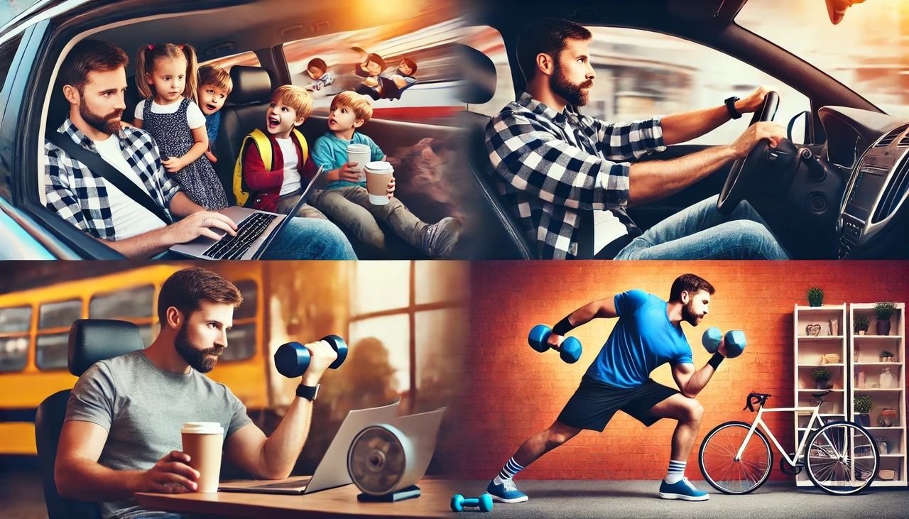 A busy dad juggling family responsibilities and gym workouts, demonstrating how to save time in the gym with time saving workouts for efficient fitness results.”