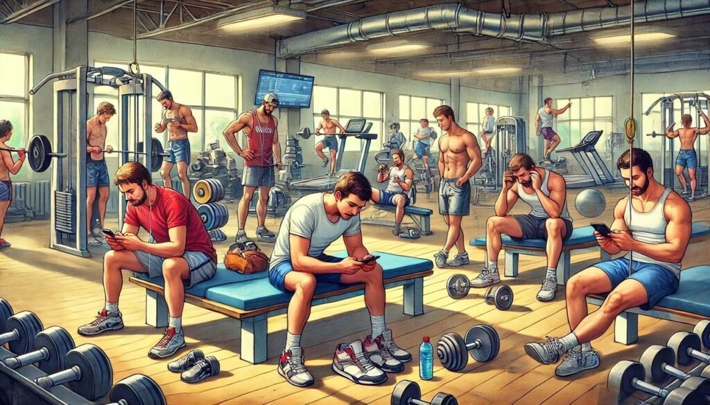 A crowded gym filled with people sitting on benches and using their phones, highlighting the inefficiency of typical workouts and emphasising the importance of time saving workouts and how to save time in the gym by avoiding distractions.”