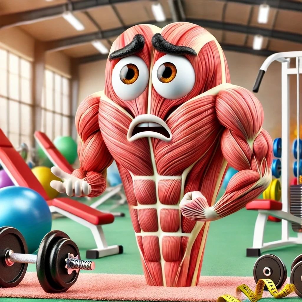 A cartoon image of a humanised muscle in the gym - the muscle looks confused as the article explores the muscle confusion myth and workout variety