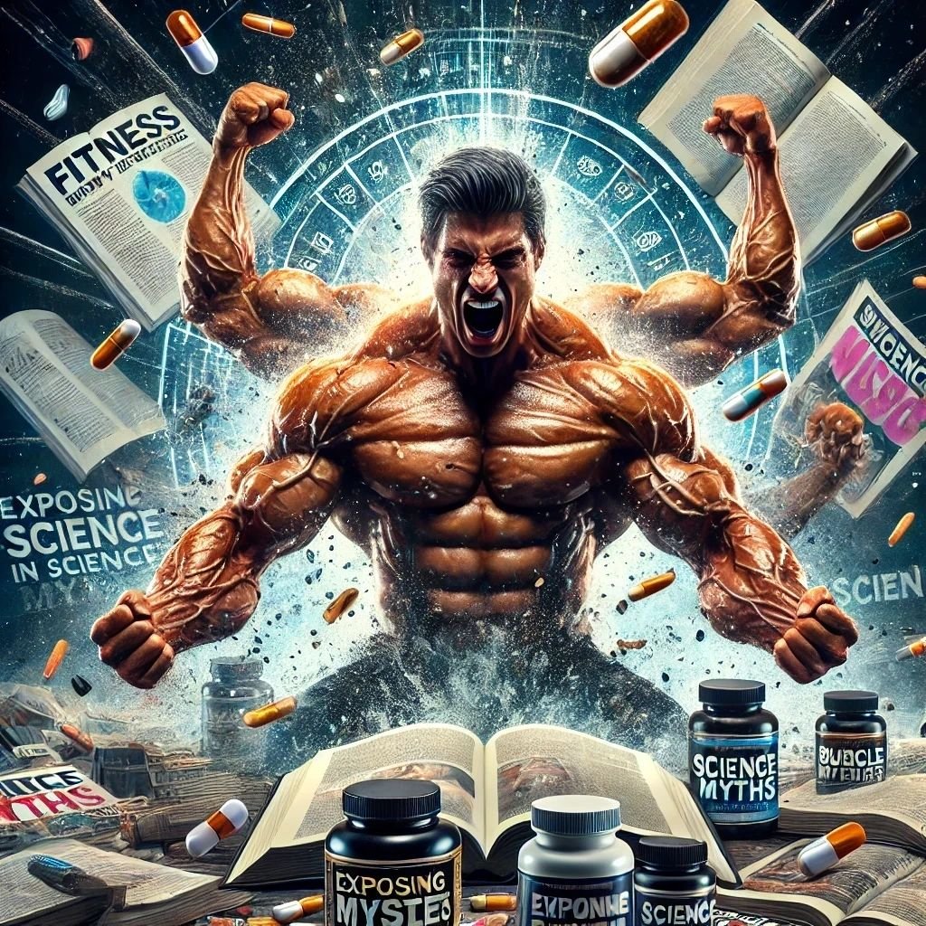 A highly muscular figure stands flexing in front of various fitness-related objects, including supplements, books, and fitness magazines. The image represents the idea of "bro science" and "fitness industry lies," symbolising the misleading advice and false promises often promoted in fitness circles, such as exaggerated supplement claims and pseudoscientific workout routines. The background includes books and products that often perpetuate myths, while the figure's exaggerated physique echoes the unrealistic expectations pushed by the fitness industry lies