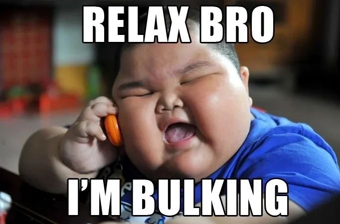 A funny meme of an obese child saying ' Relax Bro, i'M BULKING"