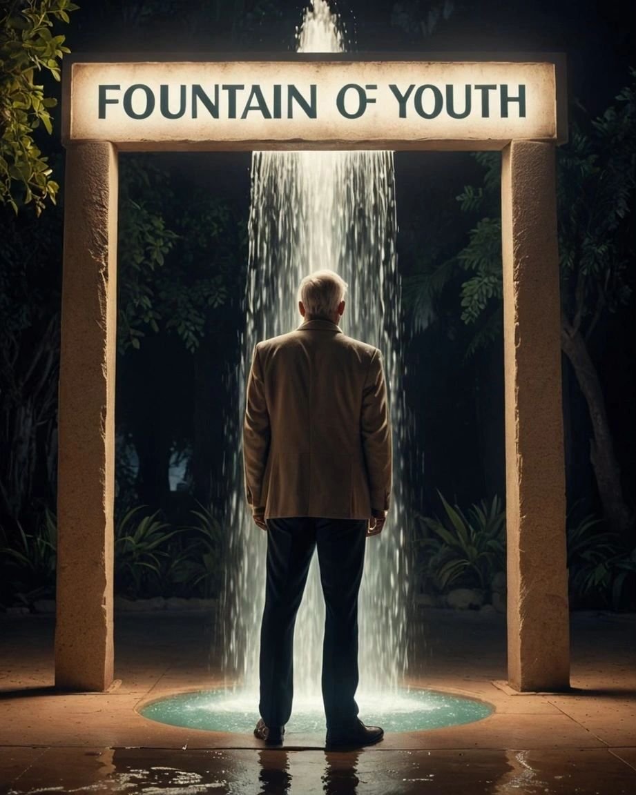 An image of an elderly man looking at a fountain of youth. It represents an article called low testosterone levels: Understanding the male hormone